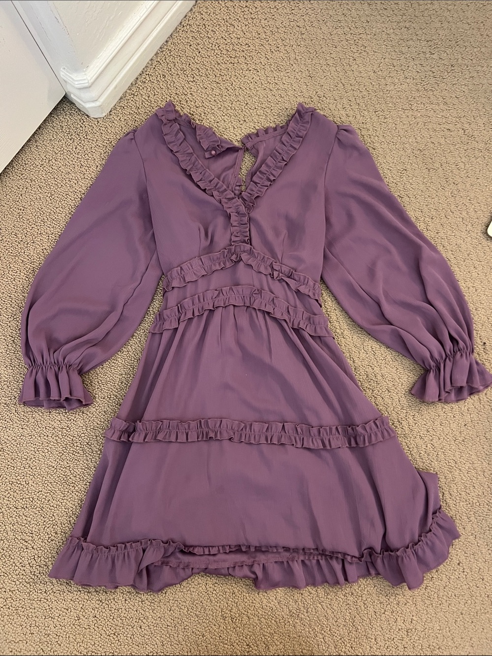 Amazon Purple Ruffle-Trim V-Neck Long Sleeve Dress